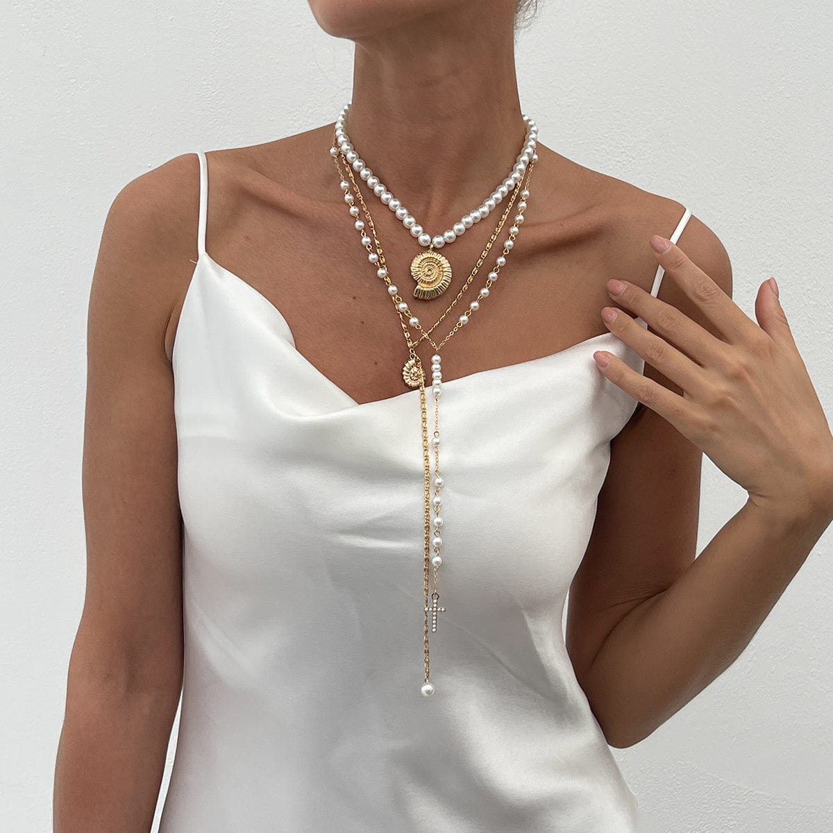 Summer Beach Style Layered Conch Cross Pendant Pearl Chain Y Necklace Set - ArtGalleryZen