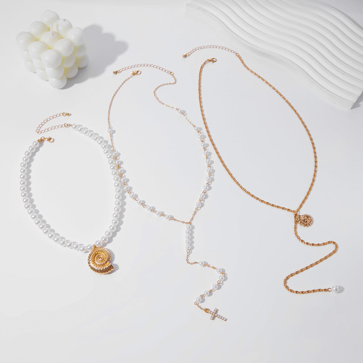Summer Beach Style Layered Conch Cross Pendant Pearl Chain Y Necklace Set - ArtGalleryZen