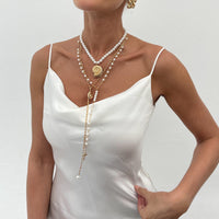 Thumbnail for Summer Beach Style Layered Conch Cross Pendant Pearl Chain Y Necklace Set - ArtGalleryZen