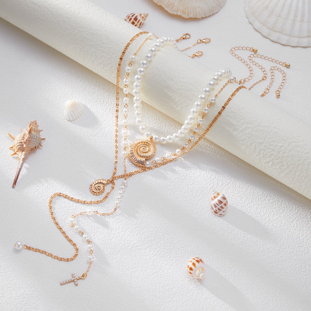Summer Beach Style Layered Conch Cross Pendant Pearl Chain Y Necklace Set - ArtGalleryZen