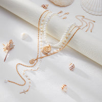 Thumbnail for Summer Beach Style Layered Conch Cross Pendant Pearl Chain Y Necklace Set - ArtGalleryZen
