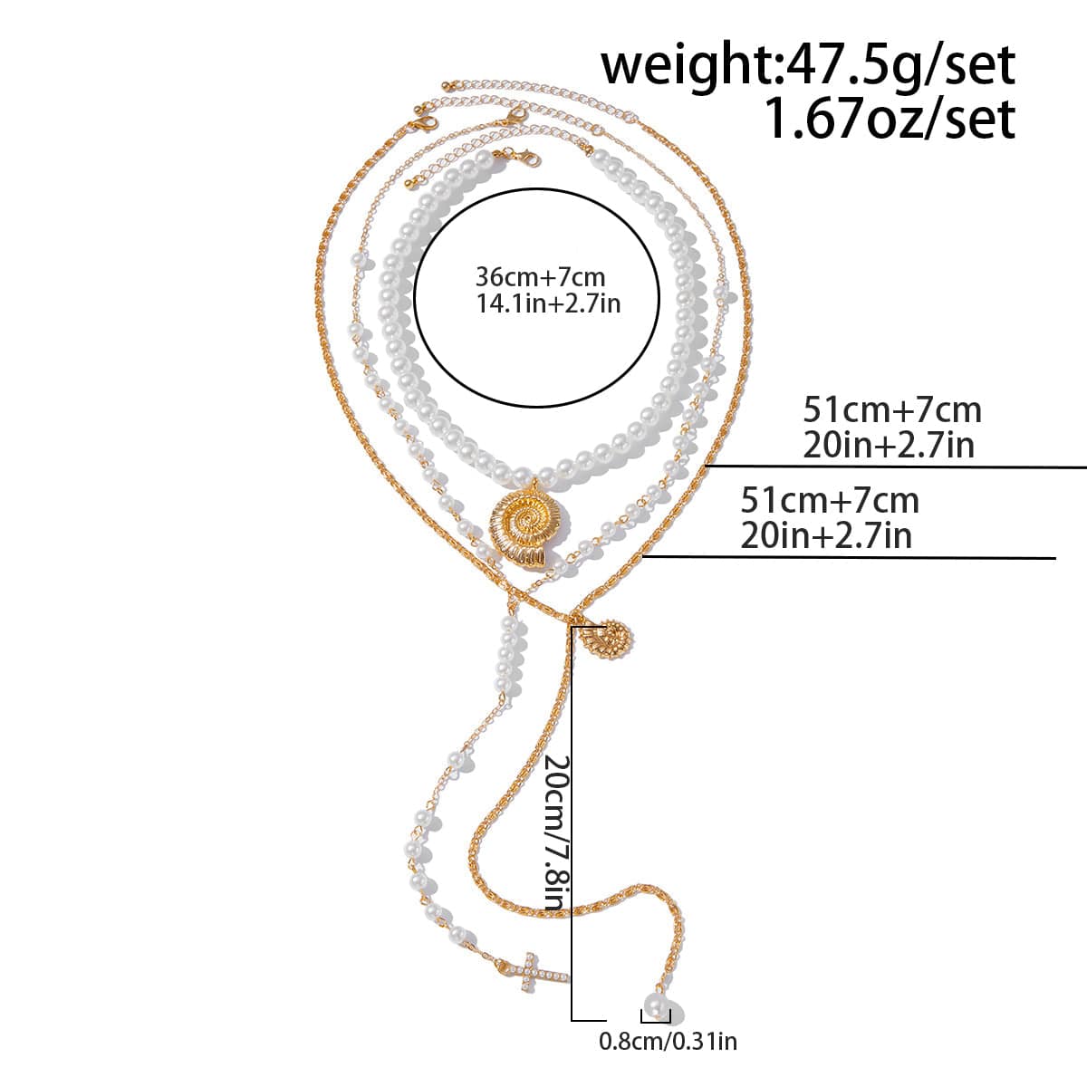 Summer Beach Style Layered Conch Cross Pendant Pearl Chain Y Necklace Set - ArtGalleryZen