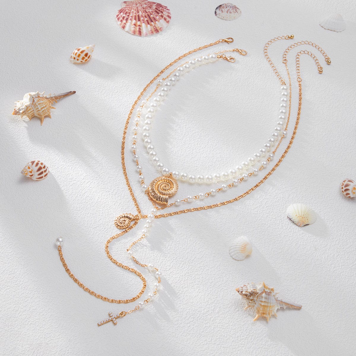 Summer Beach Style Layered Conch Cross Pendant Pearl Chain Y Necklace Set - ArtGalleryZen