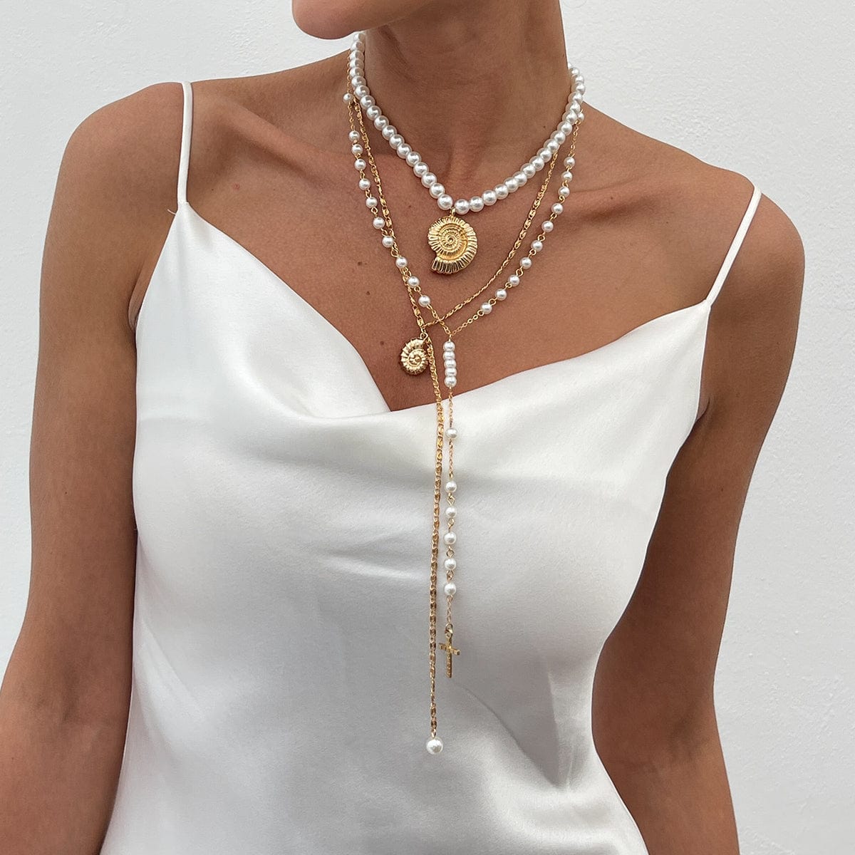 Summer Beach Style Layered Conch Cross Pendant Pearl Chain Y Necklace Set - ArtGalleryZen