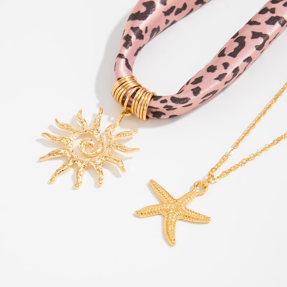 Sun Starfish Pendant Leopard Print Satin Necklace Set 2 Pcs Boho - ArtGalleryZen
