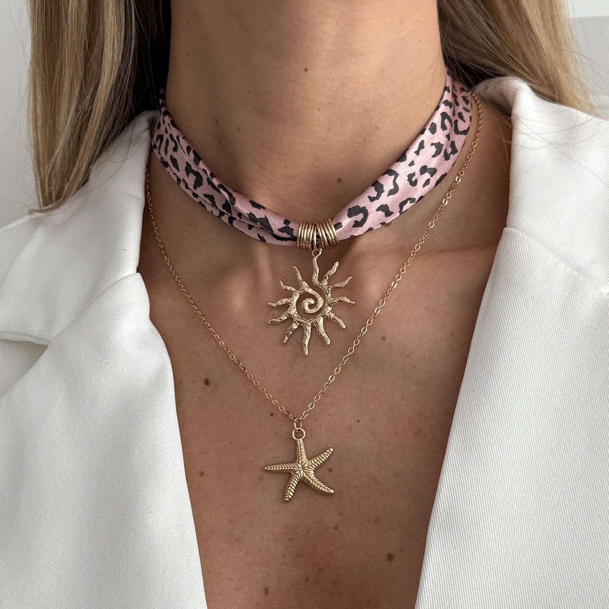 Sun Starfish Pendant Leopard Print Satin Necklace Set 2 Pcs Boho - ArtGalleryZen