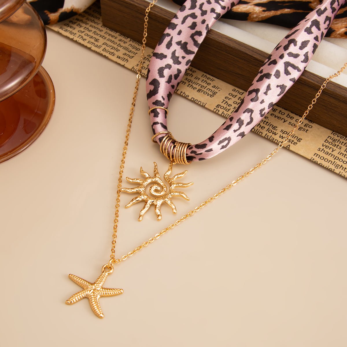 Sun Starfish Pendant Leopard Print Satin Necklace Set 2 Pcs Boho - ArtGalleryZen