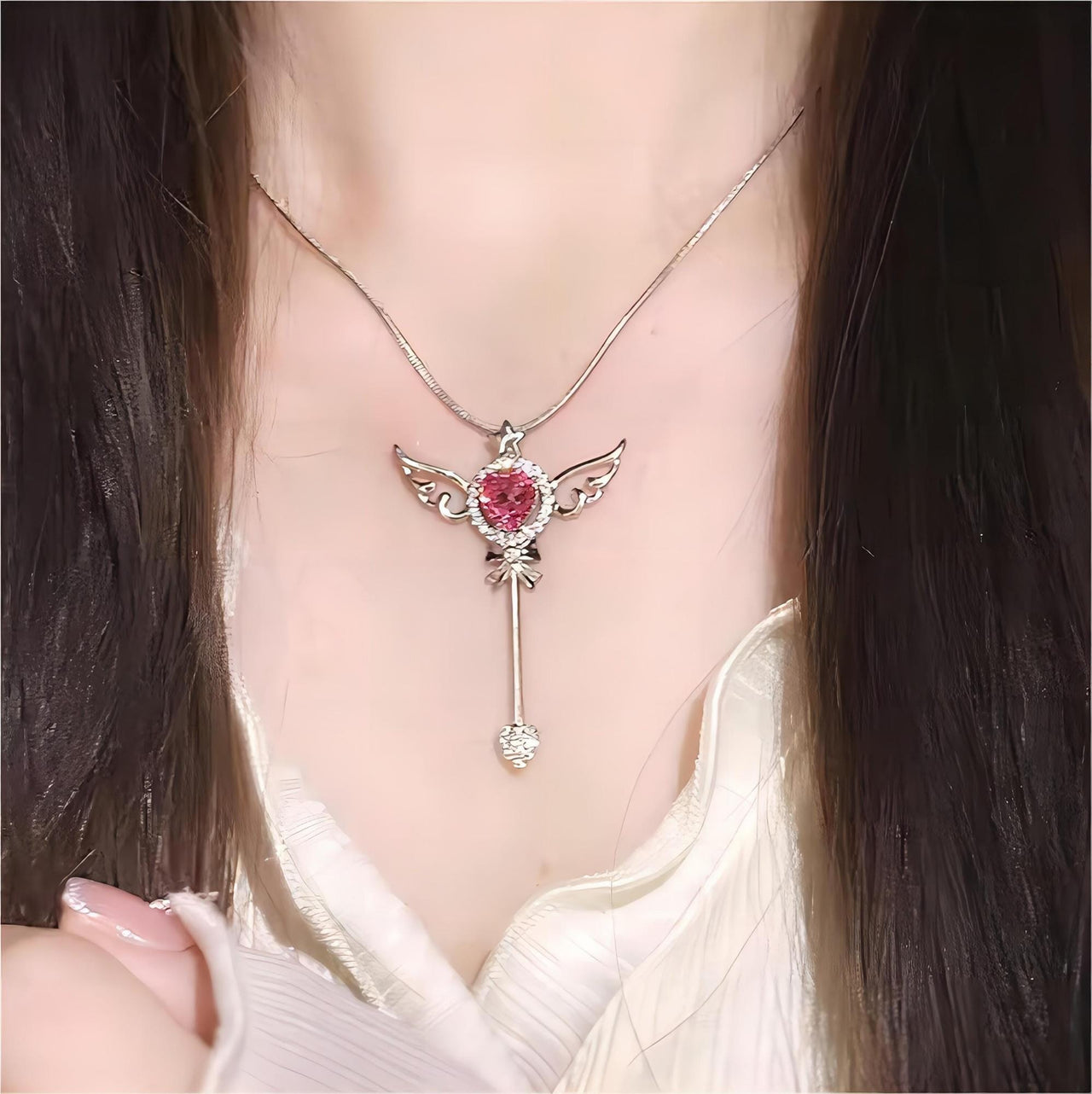 Swarovski Crystal Pink Heart Magic Wand Necklace - ArtGalleryZen