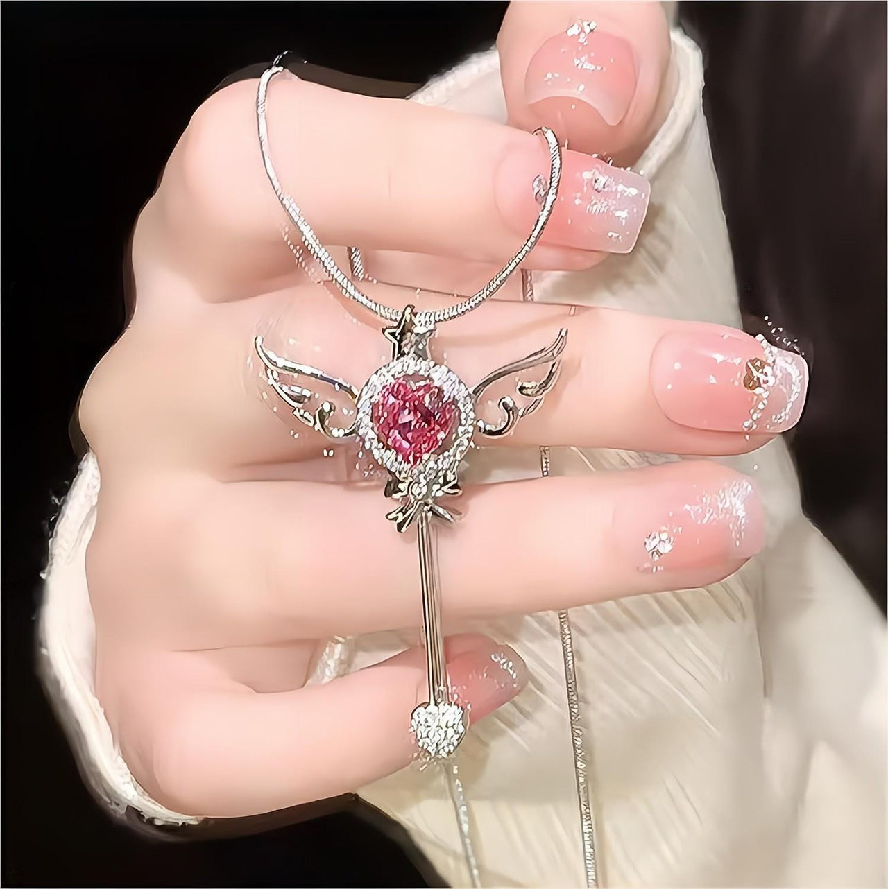 Swarovski Crystal Pink Heart Magic Wand Necklace - ArtGalleryZen