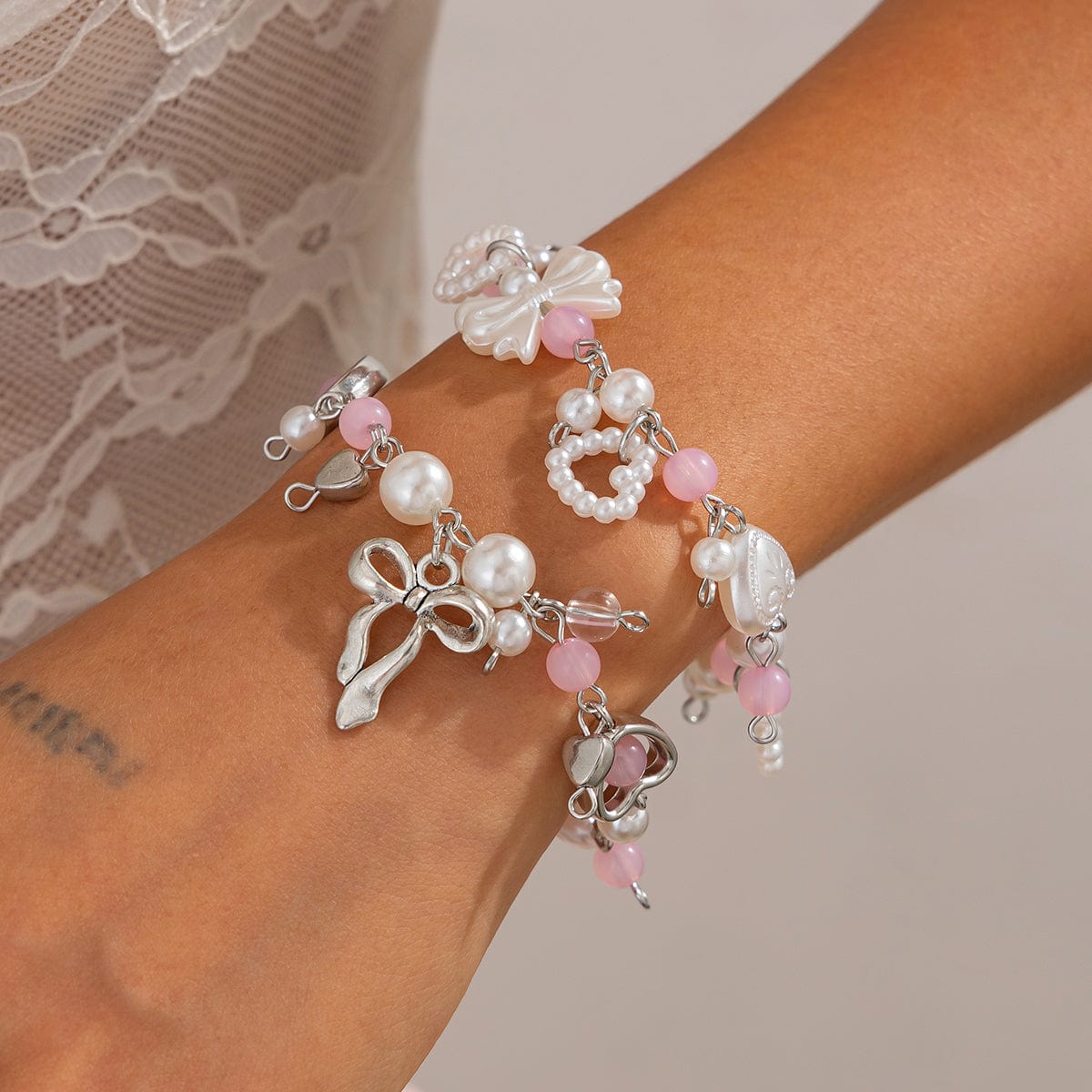 Sweet 2pcs Bowknot Heart Charm Pearl Crystal Chain Bracelet Set - ArtGalleryZen