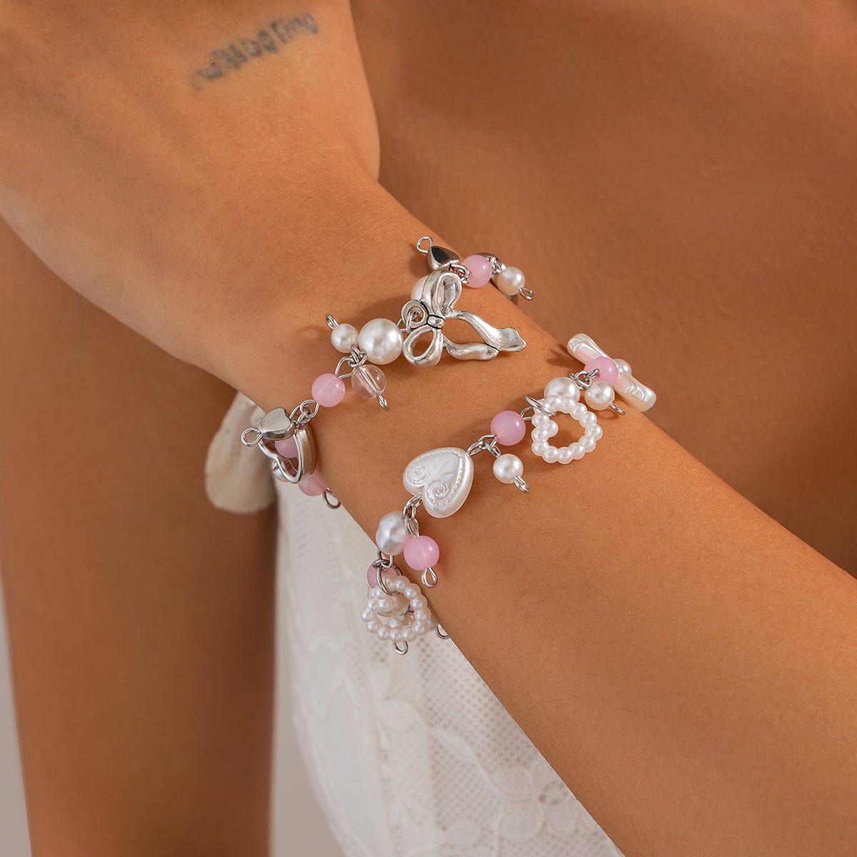 Sweet 2pcs Bowknot Heart Charm Pearl Crystal Chain Bracelet Set - ArtGalleryZen