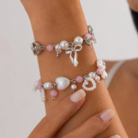 Thumbnail for Sweet 2pcs Bowknot Heart Charm Pearl Crystal Chain Bracelet Set - ArtGalleryZen