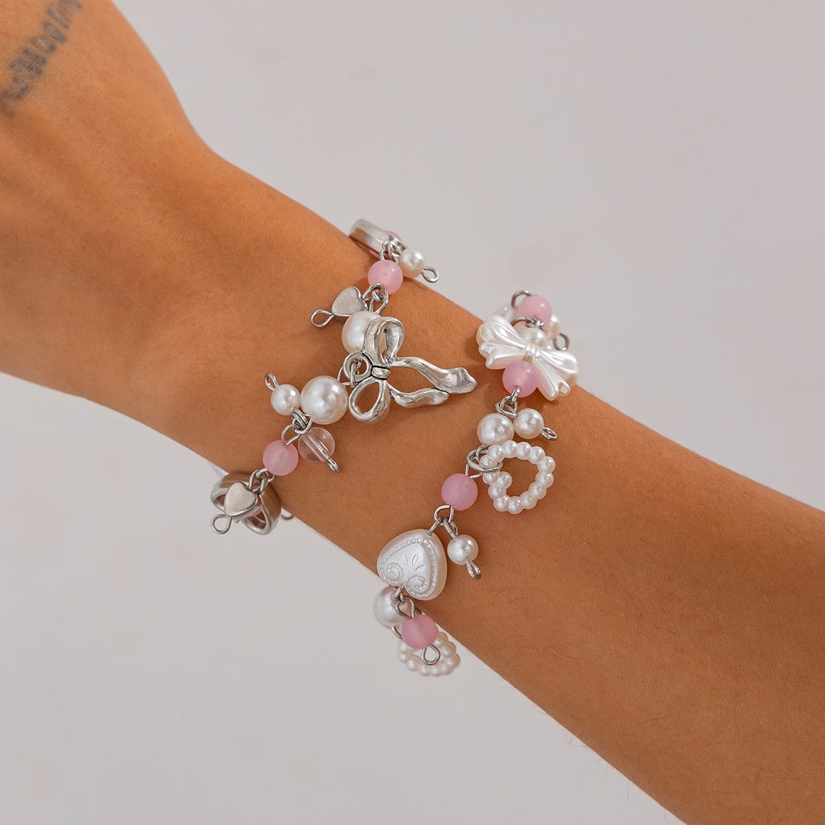 Sweet 2pcs Bowknot Heart Charm Pearl Crystal Chain Bracelet Set - ArtGalleryZen