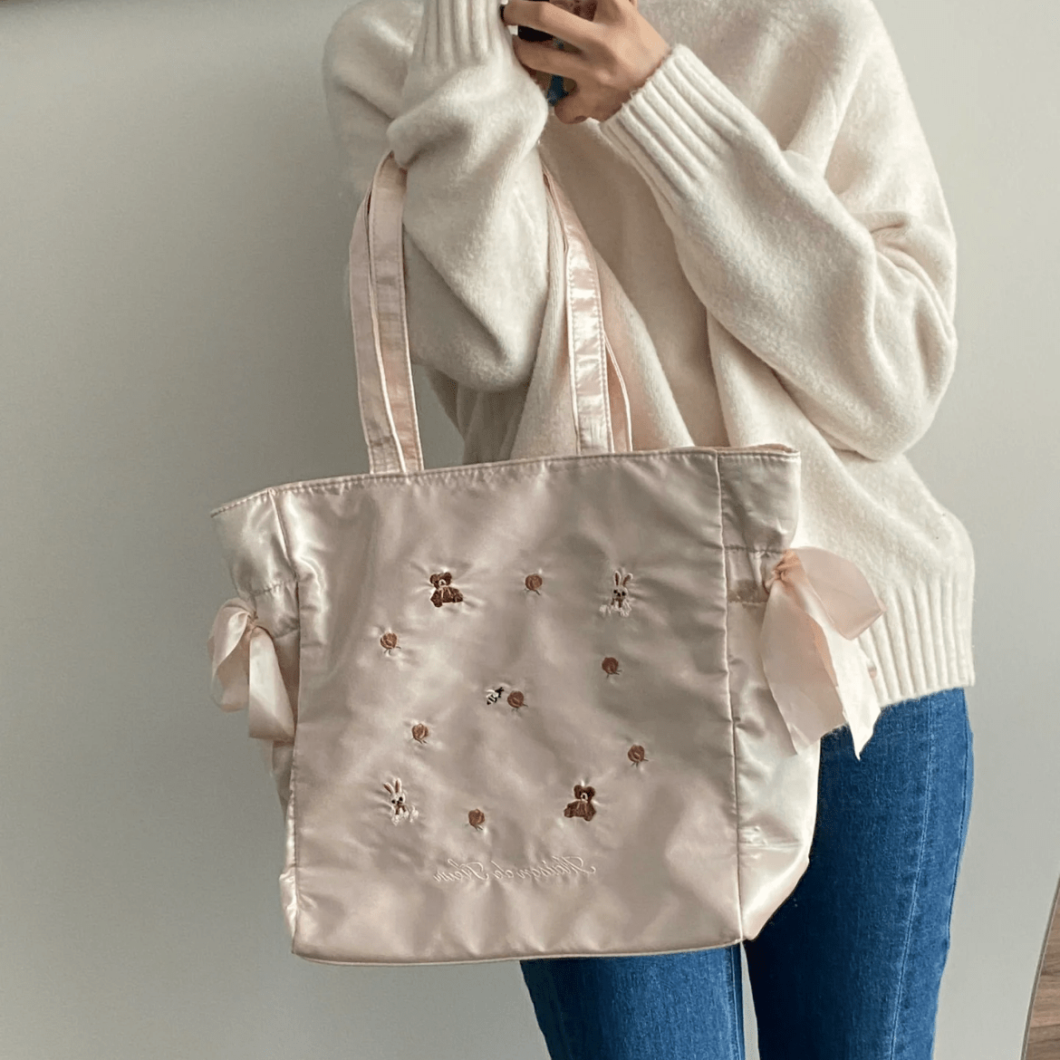 Sweet Bunny Bear Rose Embroidery Bowknot Shoulder Bag - ArtGalleryZen