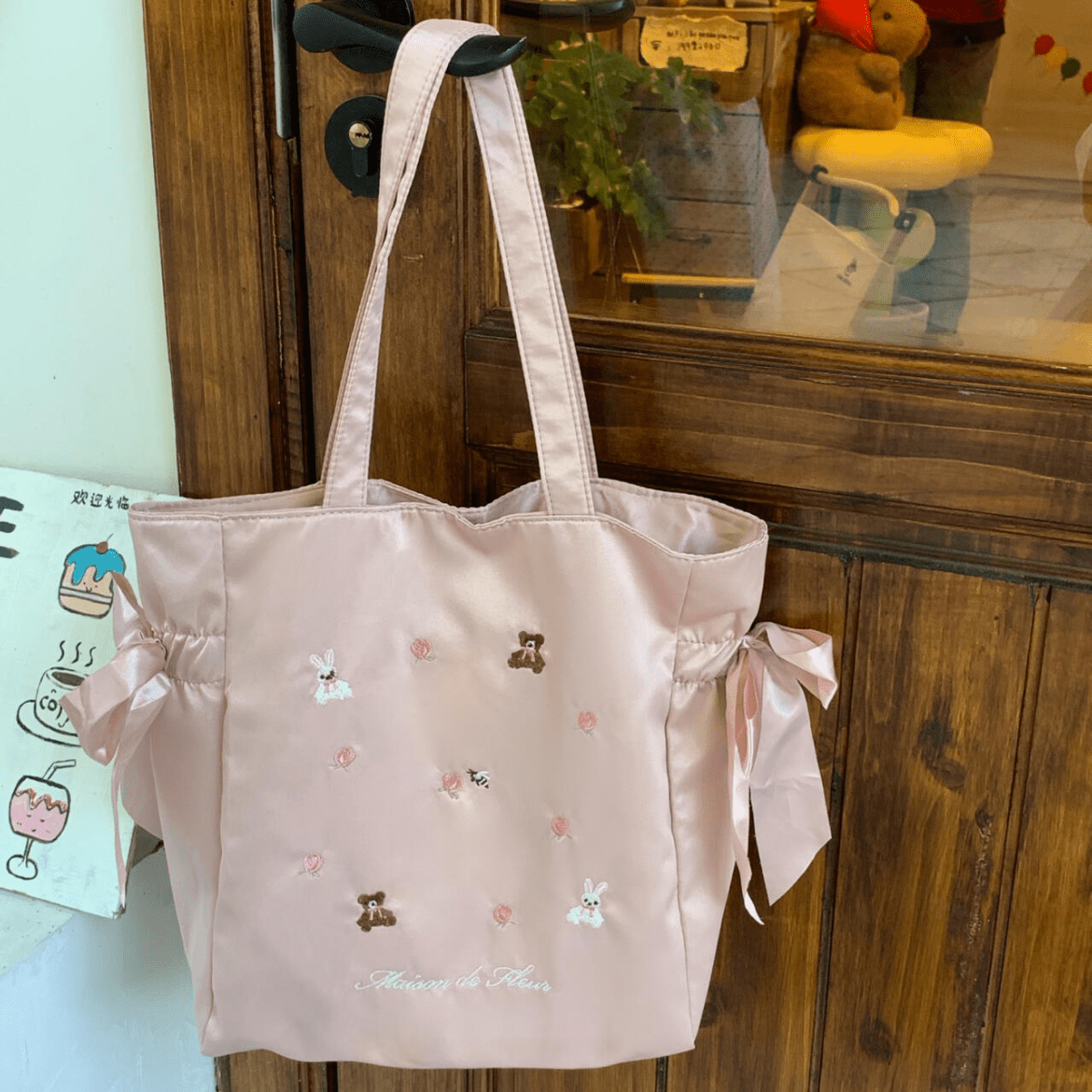 Sweet Bunny Bear Rose Embroidery Bowknot Shoulder Bag