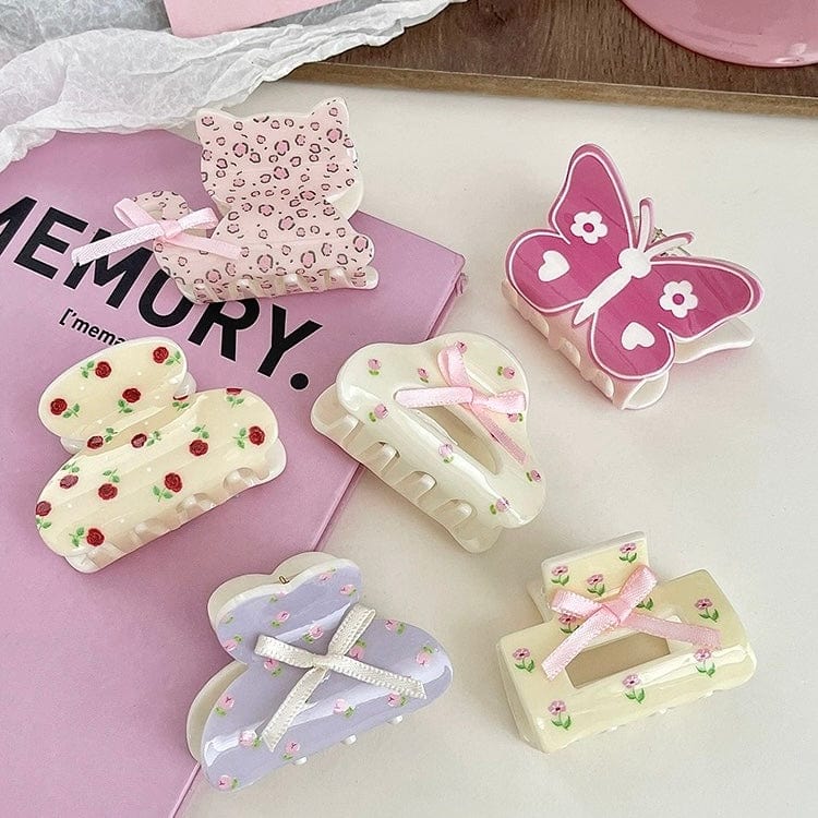 Sweet Butterfly Floral Ribbon Bowknot Hair Clip Hair Claw - ArtGalleryZen