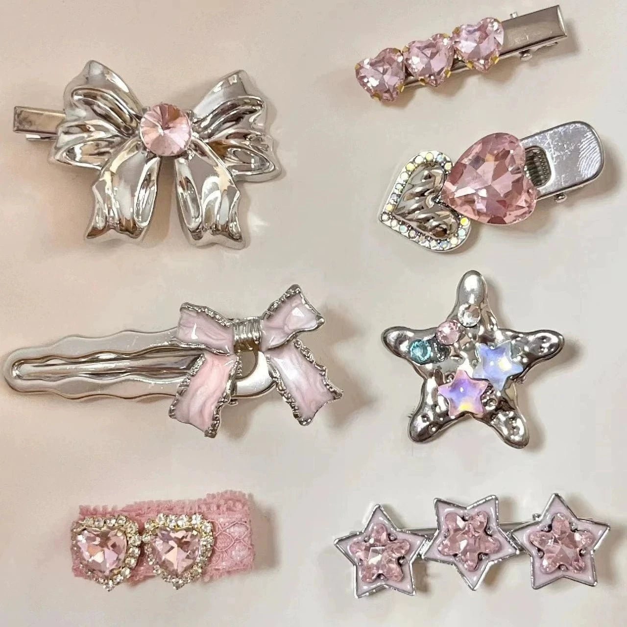 Sweet Crystal Inlaid Enamel Star Heart Bowknot Hair Clips Set - ArtGalleryZen