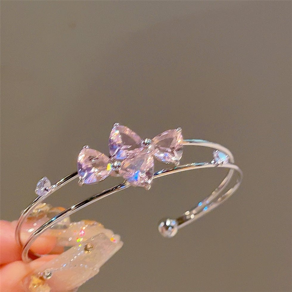 Sweet CZ Inlaid Butterfly Lucky Clover Sunflower Open Bangle Bracelet - ArtGalleryZen