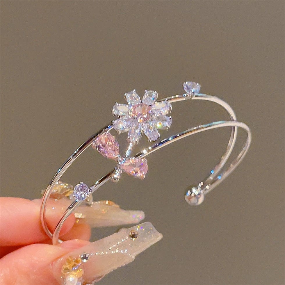 Sweet CZ Inlaid Butterfly Lucky Clover Sunflower Open Bangle Bracelet - ArtGalleryZen