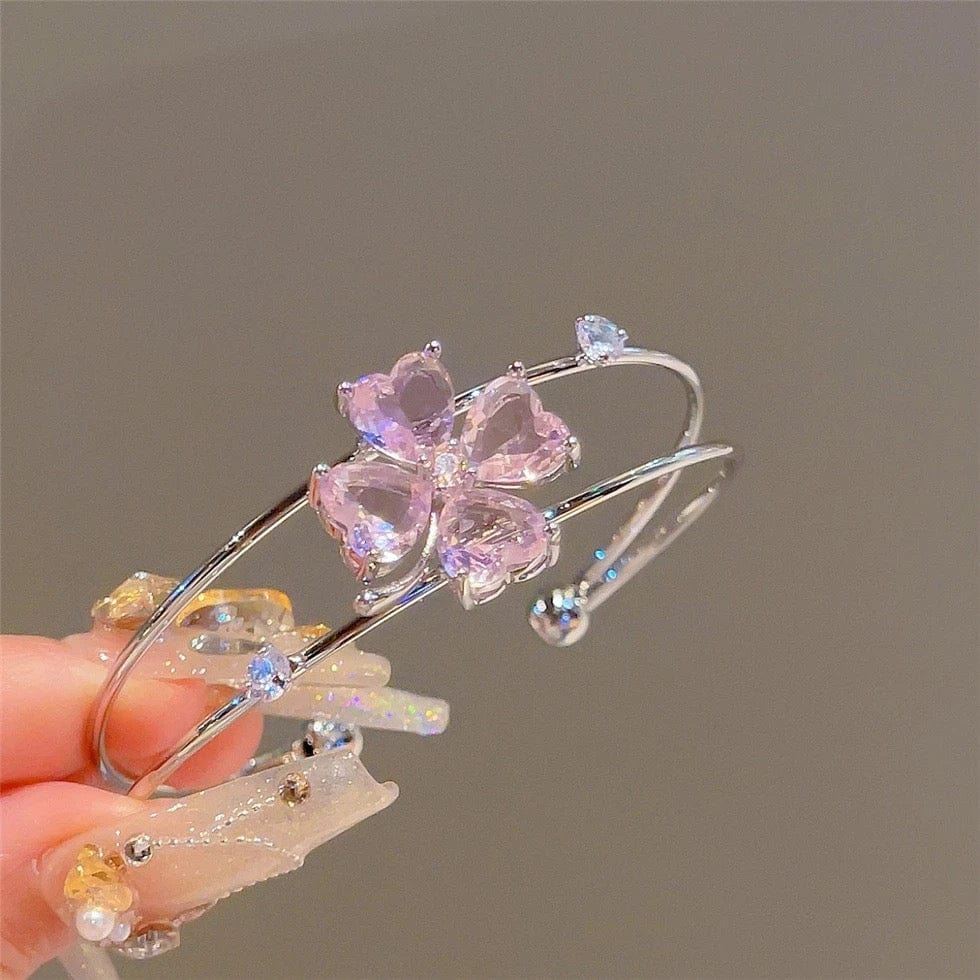 Sweet CZ Inlaid Butterfly Lucky Clover Sunflower Open Bangle Bracelet - ArtGalleryZen