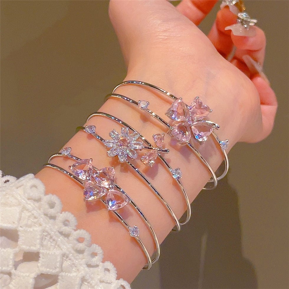 Sweet CZ Inlaid Butterfly Lucky Clover Sunflower Open Bangle Bracelet - ArtGalleryZen