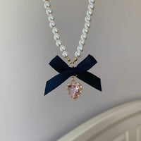Thumbnail for Sweet CZ Inlaid Heart Ribbon Bowknot Pendant Pearl Chain Necklace - ArtGalleryZen