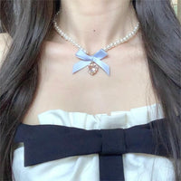 Thumbnail for Sweet CZ Inlaid Heart Ribbon Bowknot Pendant Pearl Chain Necklace