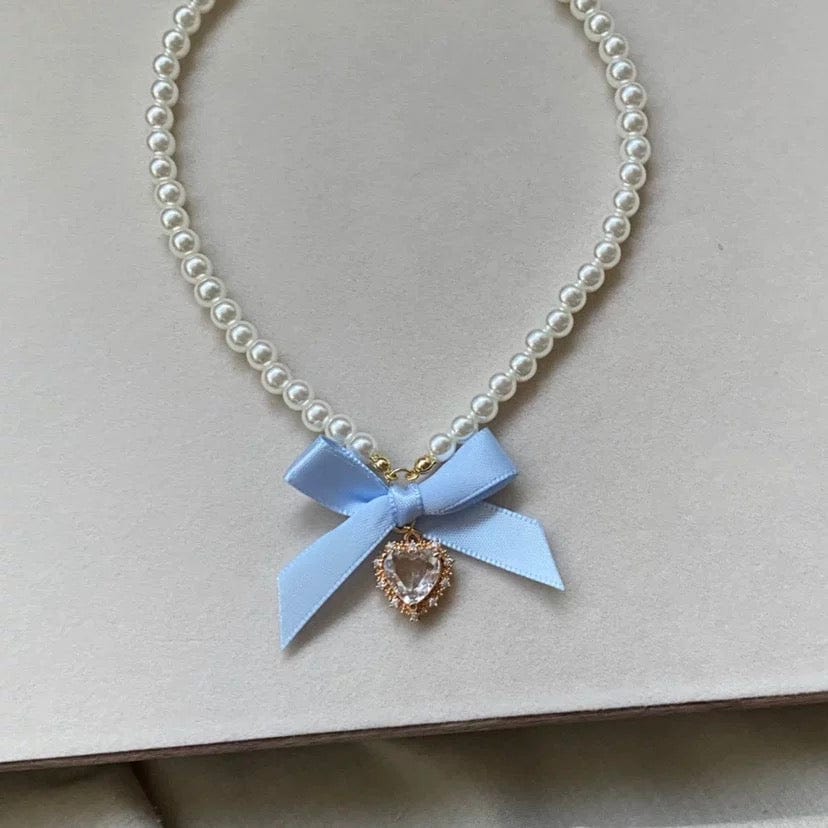 Sweet CZ Inlaid Heart Ribbon Bowknot Pendant Pearl Chain Necklace