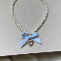 Thumbnail for Sweet CZ Inlaid Heart Ribbon Bowknot Pendant Pearl Chain Necklace