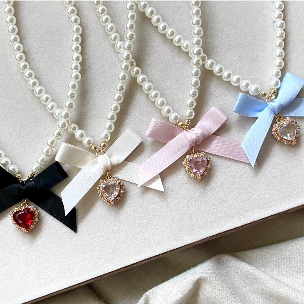 Sweet CZ Inlaid Heart Ribbon Bowknot Pendant Pearl Chain Necklace