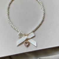 Thumbnail for Sweet CZ Inlaid Heart Ribbon Bowknot Pendant Pearl Chain Necklace