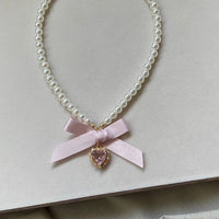 Thumbnail for Sweet CZ Inlaid Heart Ribbon Bowknot Pendant Pearl Chain Necklace