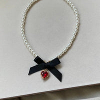 Thumbnail for Sweet CZ Inlaid Heart Ribbon Bowknot Pendant Pearl Chain Necklace