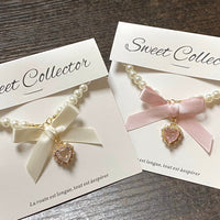 Thumbnail for Sweet CZ Inlaid Heart Ribbon Bowknot Pendant Pearl Chain Necklace