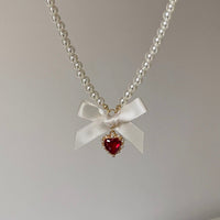 Thumbnail for Sweet CZ Inlaid Heart Ribbon Bowknot Pendant Pearl Chain Necklace