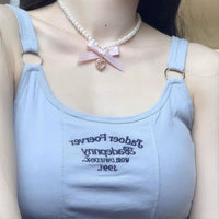 Thumbnail for Sweet CZ Inlaid Heart Ribbon Bowknot Pendant Pearl Chain Necklace