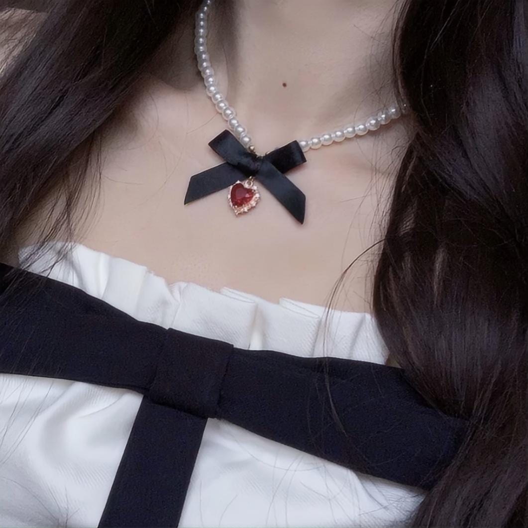 Sweet CZ Inlaid Heart Ribbon Bowknot Pendant Pearl Chain Necklace