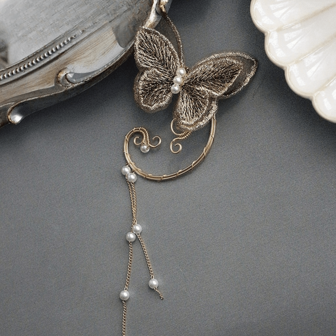 Sweet Embroidery Butterfly Pearl Chain Tassel Elf Ear Cuff Wrap Earring - ArtGalleryZen