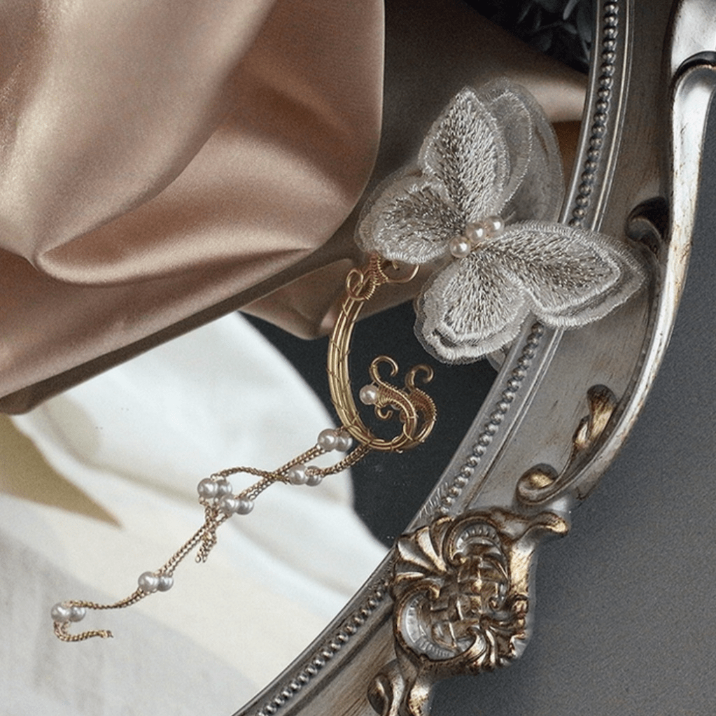 Sweet Embroidery Butterfly Pearl Chain Tassel Elf Ear Cuff Wrap Earring - ArtGalleryZen