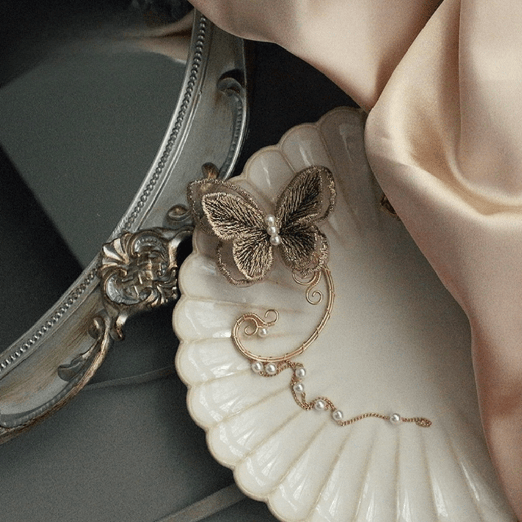 Sweet Embroidery Butterfly Pearl Chain Tassel Elf Ear Cuff Wrap Earring - ArtGalleryZen