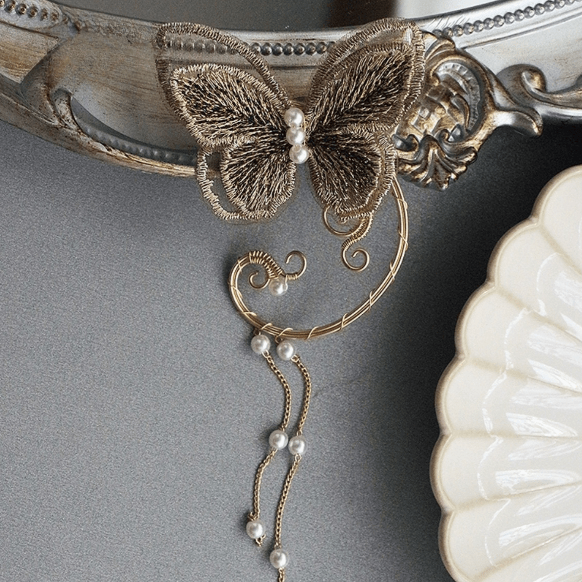 Sweet Embroidery Butterfly Pearl Chain Tassel Elf Ear Cuff Wrap Earring - ArtGalleryZen