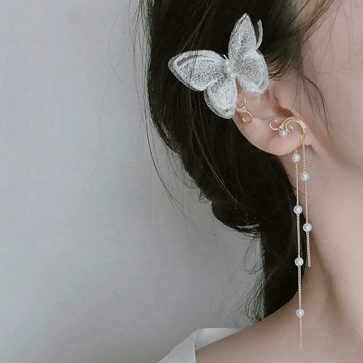 Sweet Embroidery Butterfly Pearl Chain Tassel Elf Ear Cuff Wrap Earring