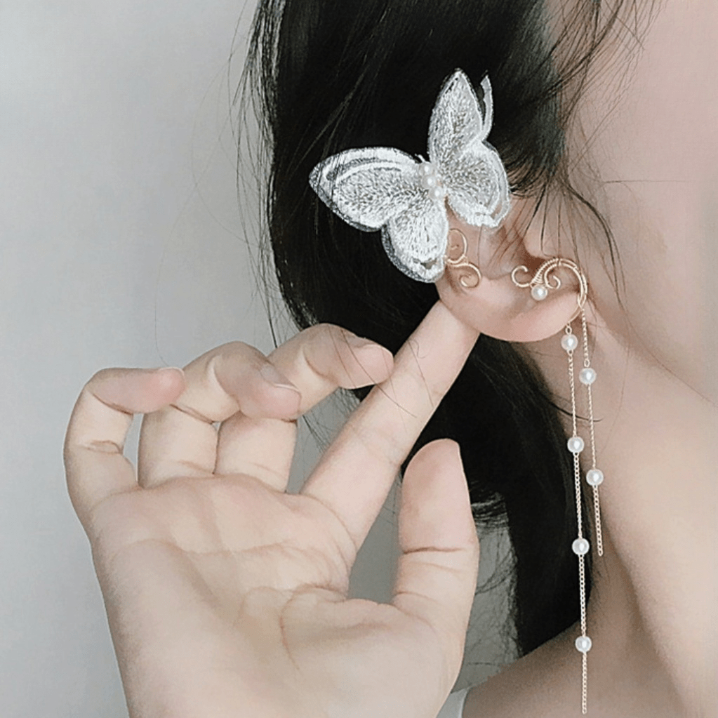 Sweet Embroidery Butterfly Pearl Chain Tassel Elf Ear Cuff Wrap Earring