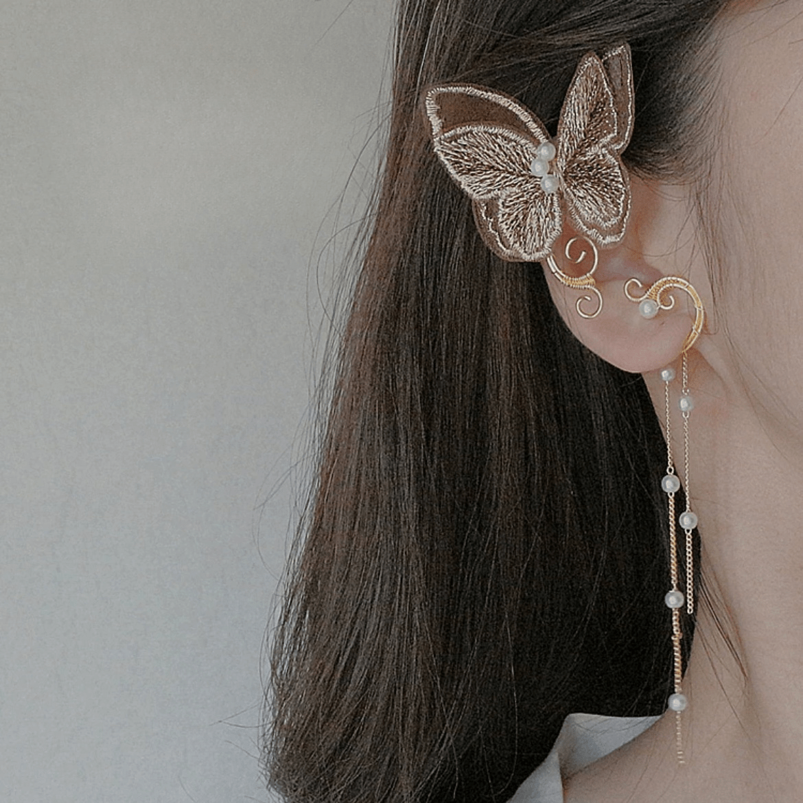 Sweet Embroidery Butterfly Pearl Chain Tassel Elf Ear Cuff Wrap Earring