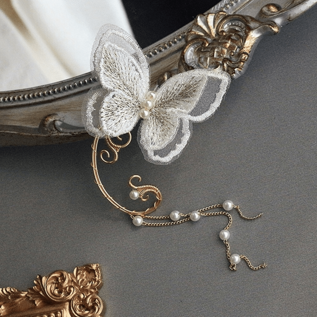 Sweet Embroidery Butterfly Pearl Chain Tassel Elf Ear Cuff Wrap Earring