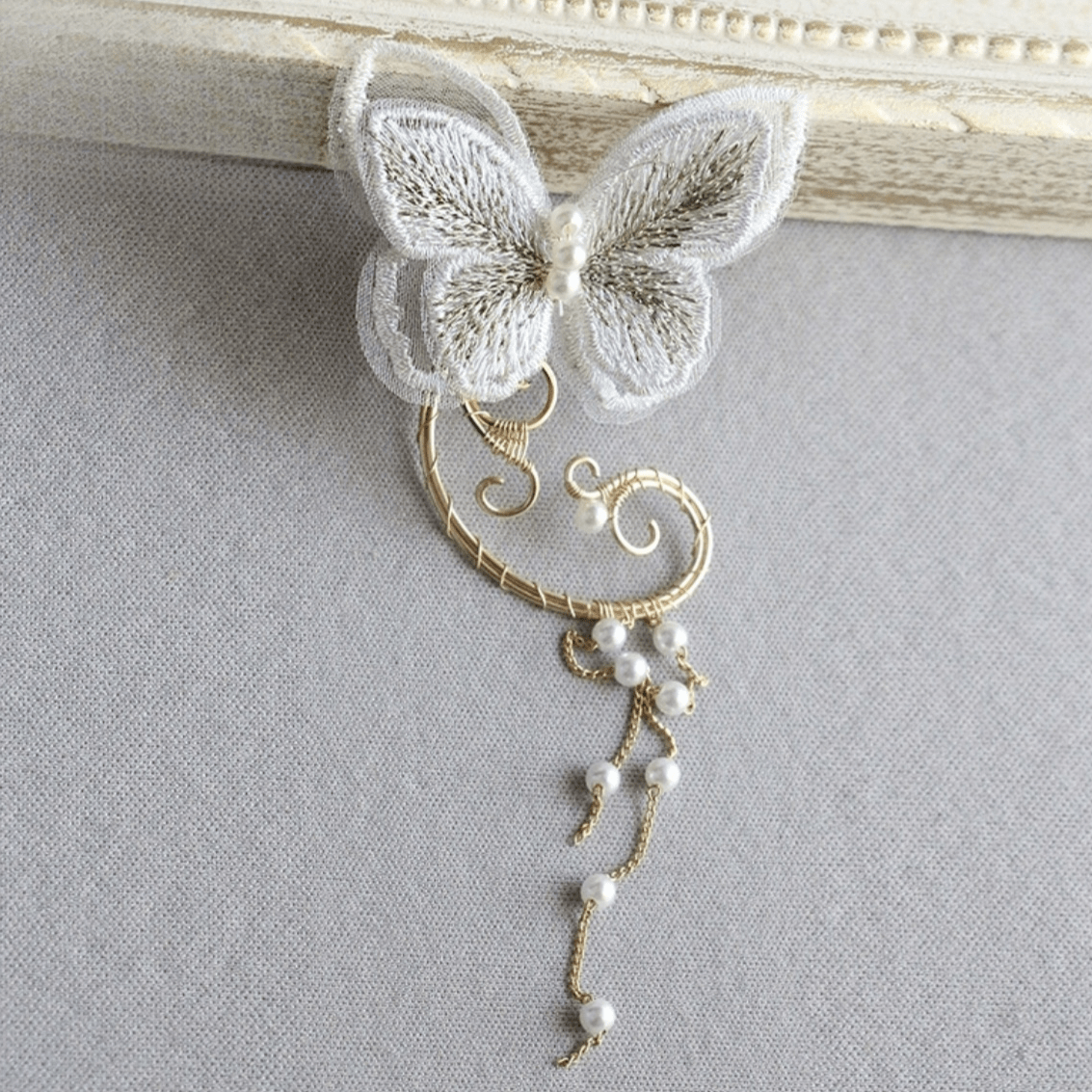 Sweet Embroidery Butterfly Pearl Chain Tassel Elf Ear Cuff Wrap Earring