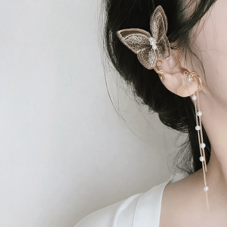 Sweet Embroidery Butterfly Pearl Chain Tassel Elf Ear Cuff Wrap Earring