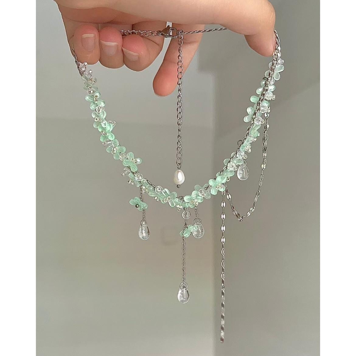 Sweet Glass Flower Beaded Crystal Tassel Choker Necklace - ArtGalleryZen