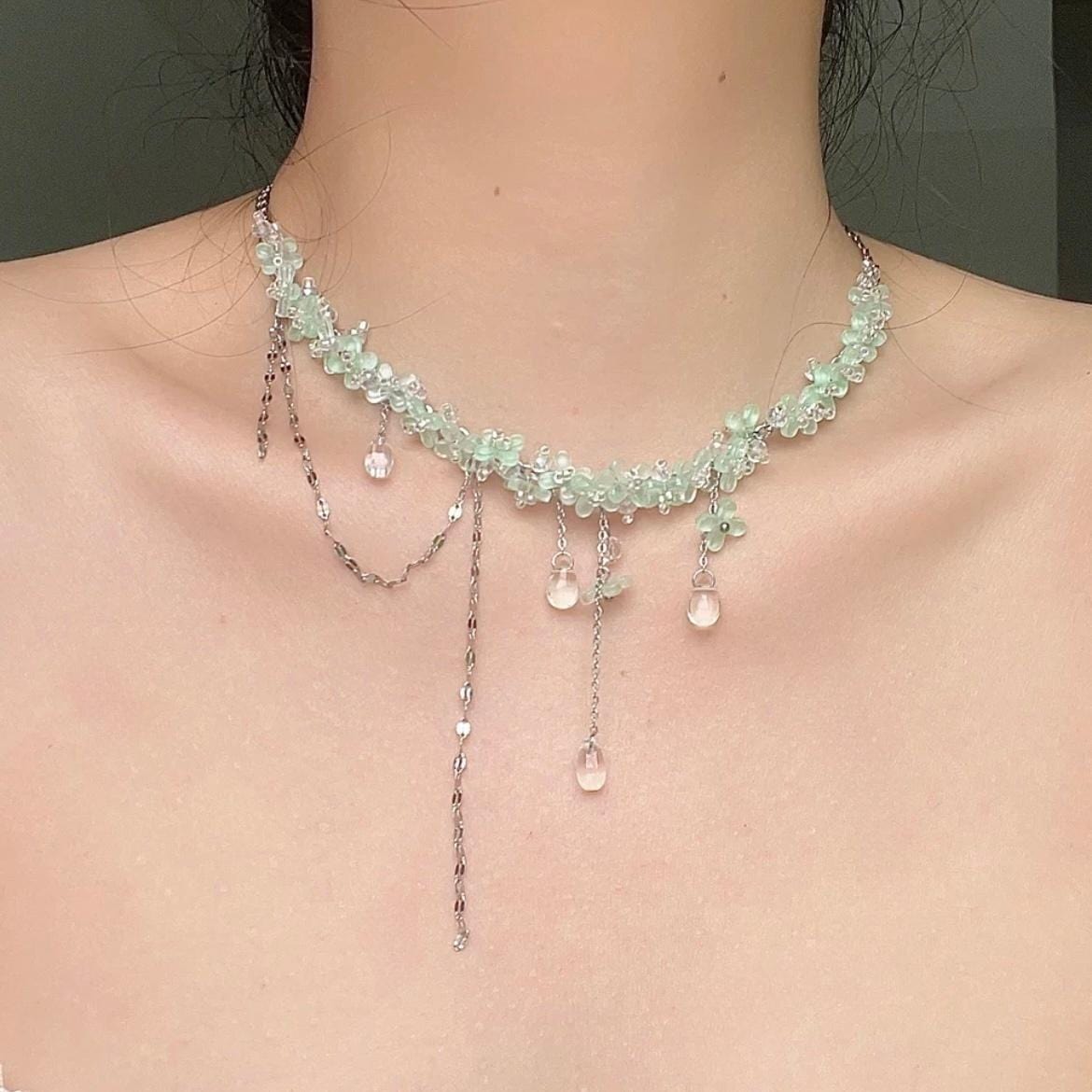 Sweet Glass Flower Beaded Crystal Tassel Choker Necklace - ArtGalleryZen