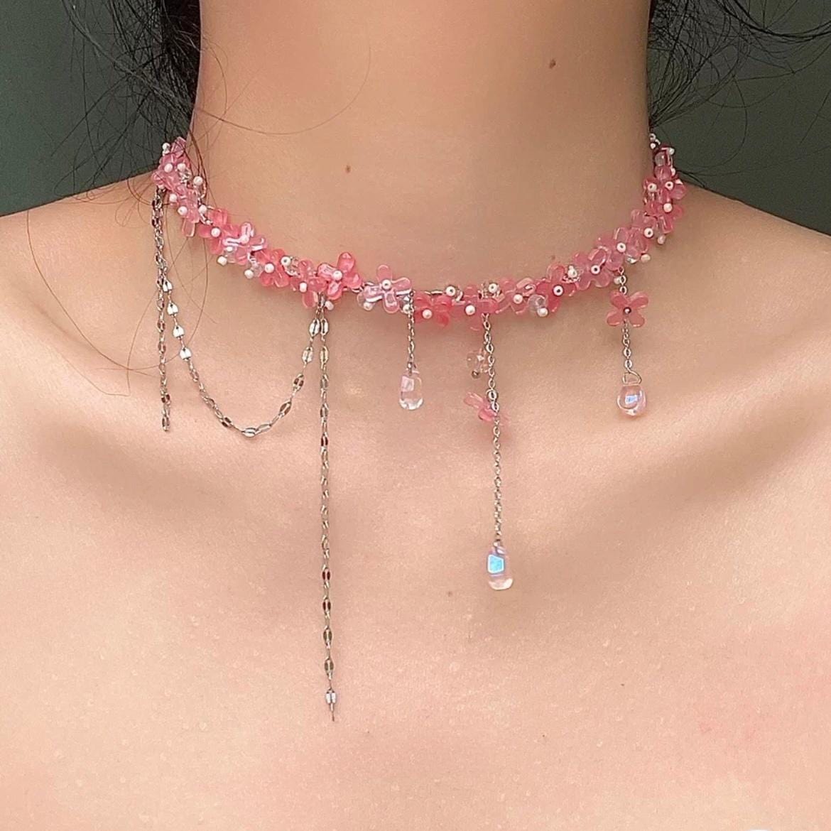 Sweet Glass Flower Beaded Crystal Tassel Choker Necklace - ArtGalleryZen